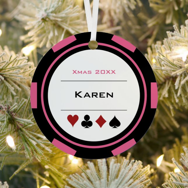 Pink and Black Las Vegas Poker Chip Christmas Metal Tree Decoration (Insitu)