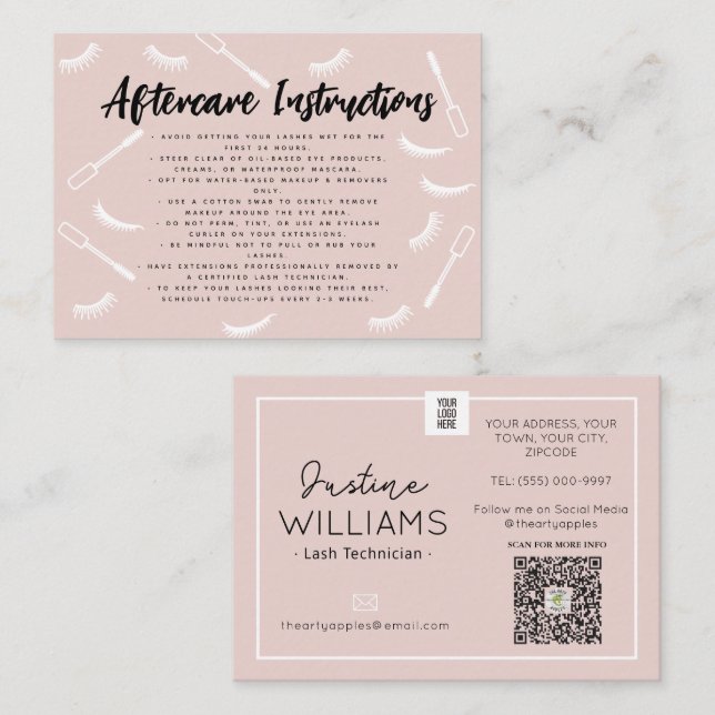 Pink and Black Lashes Eyelash Extensions aftercare Business Card (Front/Back)