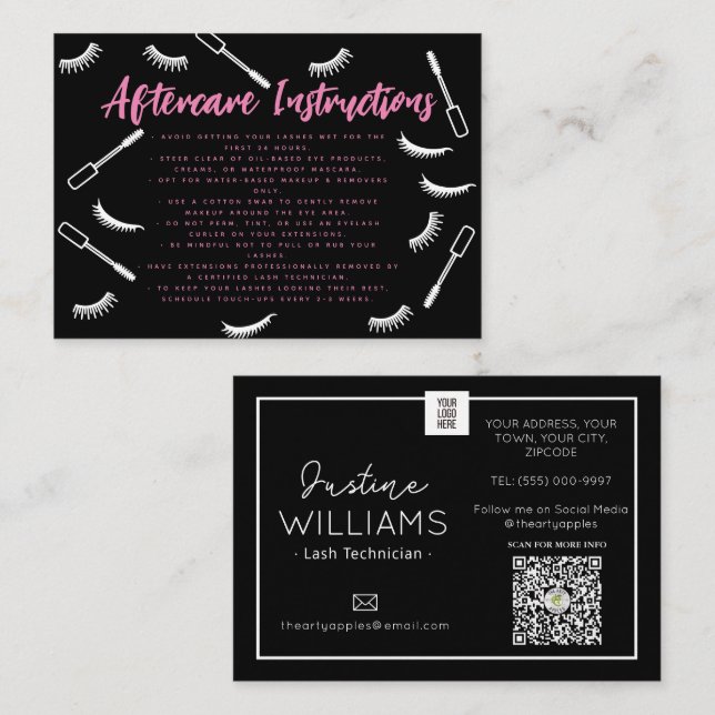 Pink and Black Lashes Eyelash Extensions aftercare Business Card (Front/Back)