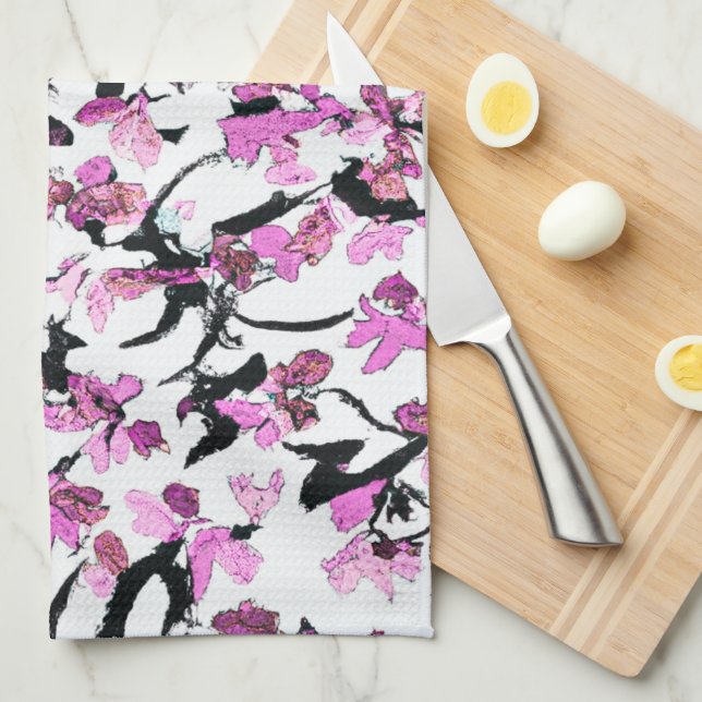 Pink and Black Leaf Pattern Tea Towel (Quarter Fold)