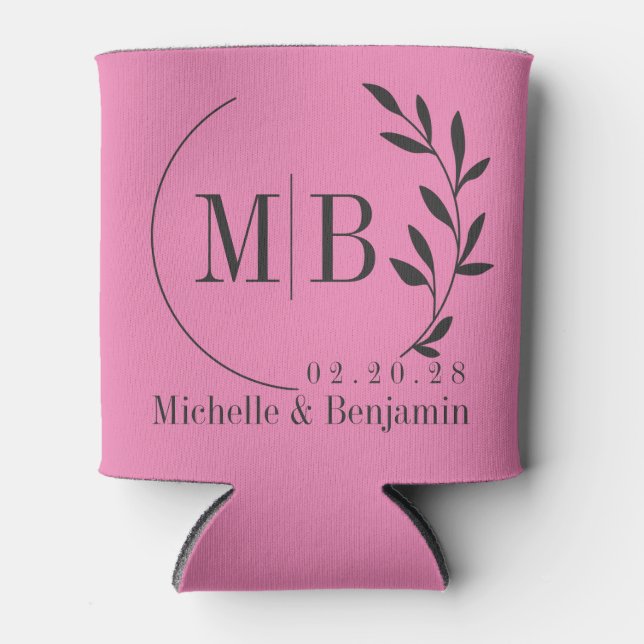Pink and Black Leaf Wedding Monogram Can Cooler (Front)