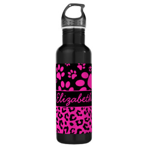 Pink and Black Leopard Print and Paws Personalised 710 Ml Water Bottle