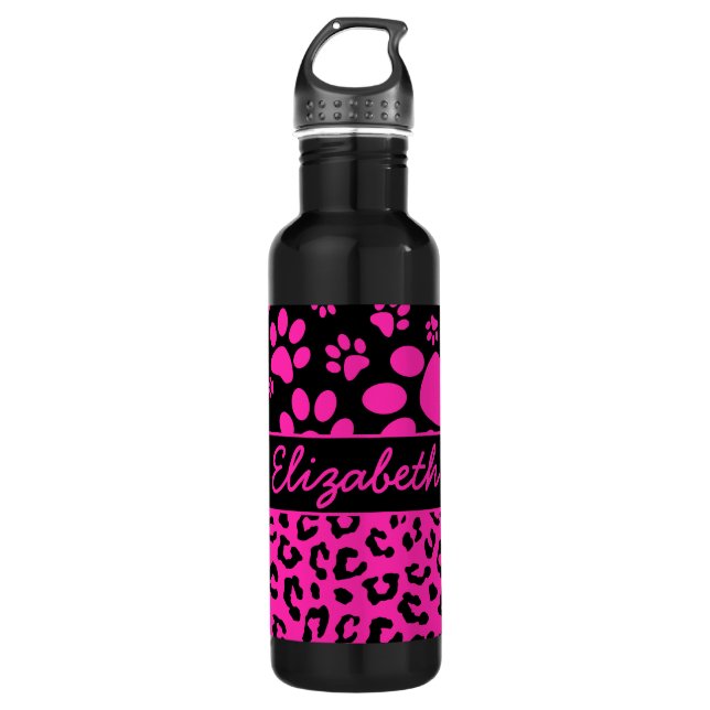Pink and Black Leopard Print and Paws Personalised 710 Ml Water Bottle (Front)