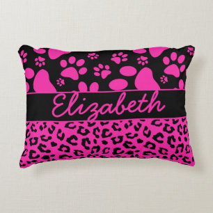 Pink and Black Leopard Print and Paws Personalised Decorative Cushion