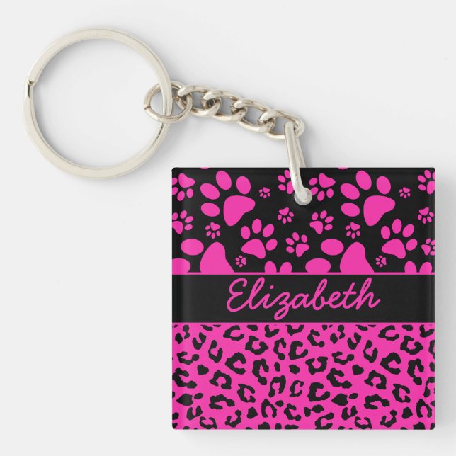 Pink and Black Leopard Print and Paws Personalised Key Ring (Front)