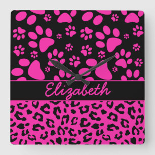 Pink and Black Leopard Print and Paws Personalised Square Wall Clock