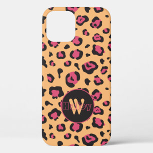 Pink and Black Leopard Print Monogram iPhone 12 Case