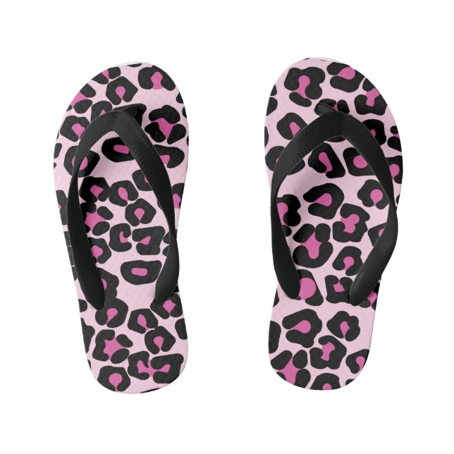 Pink and Black Leopard Print Pattern Kid's Jandals (Footbed)