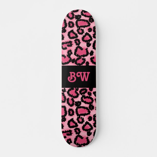 Pink and Black Leopard Print Pattern. Skateboard (Front)