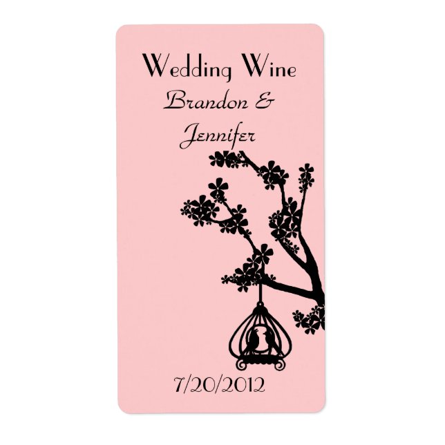 Pink and Black Love Birds Wedding Mini Wine Labels (Front)