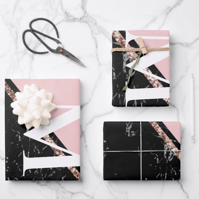 pink and black marble texture celebrations  wrapping paper sheet (Front)