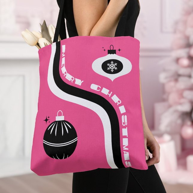 Pink And Black Merry Christmas Womens Tote Bag (Christmas gifts for women festive Christmas tote bag canvas xmas tote bag)