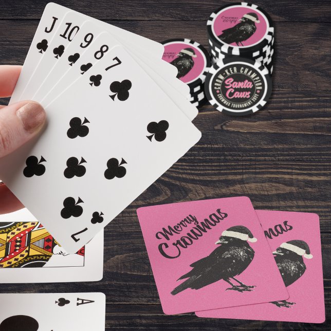 Pink and Black Merry Crowmas Christmas Holiday  Playing Cards (If your pinkmas party involves playing cards, these fun pink "Merry Crowmas" cards will stand out!)