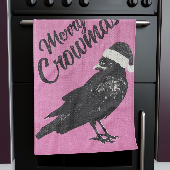 Pink and Black Merry Crowmas Christmas  Tea Towel (This pink and black "Merry Crowmas" Christmas (or pinkmas) towel is fun and unique for the holiday.)