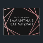 Pink and Black Modern Bat Mitzvah Save the Date Announcement Postcard<br><div class="desc">Modern, trendy, and elegant rose gold pink and black Bat Mitzvah save the date postcards with a unique geometric squares border. Easily personalise this affordable save the date for your Bat Mitzvah with custom name, date, and details of your fun and sophisticated celebration. All of the text is editable, so...</div>