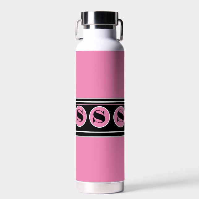 Pink and Black Modern Personalise Monogram Water Bottle (Front)