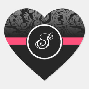 Pink and Black Monogram Heart Damask Stickers