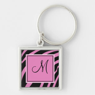 Pink and Black Monogram Zebra Print Keychain