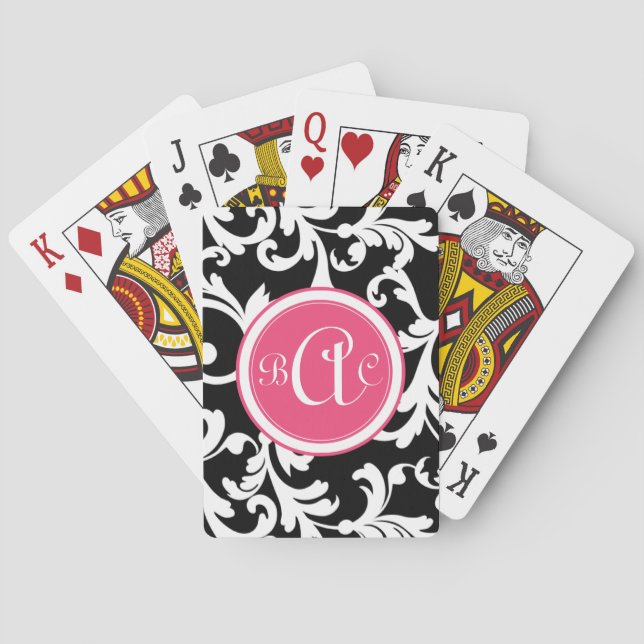 Pink and Black Monogrammed Damask Print Playing Cards (Back)