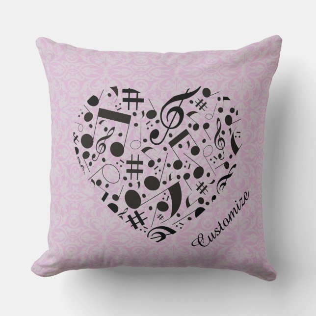 Pink and Black Music Notes Heart Throw Pillow (Front)