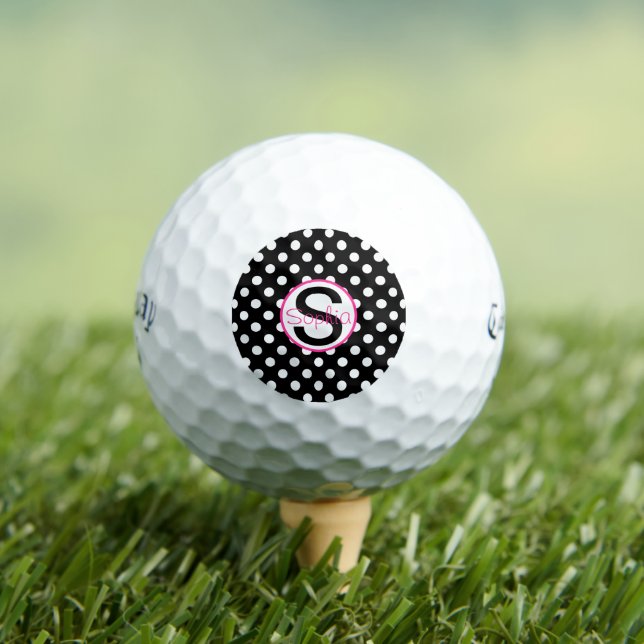 Pink and Black, Name and Initial with Polka Dots Golf Balls (Insitu Tee)