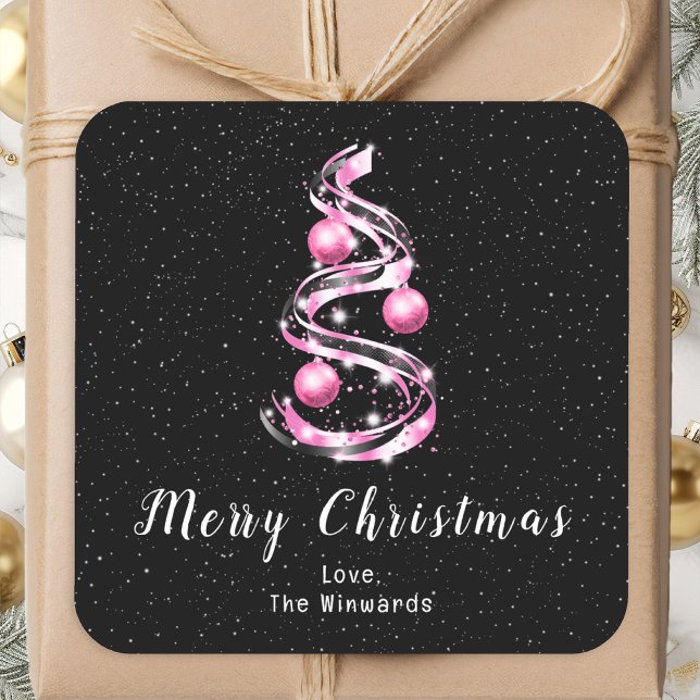 Pink and Black Ornaments Merry Christmas Square Sticker (Creator Uploaded)