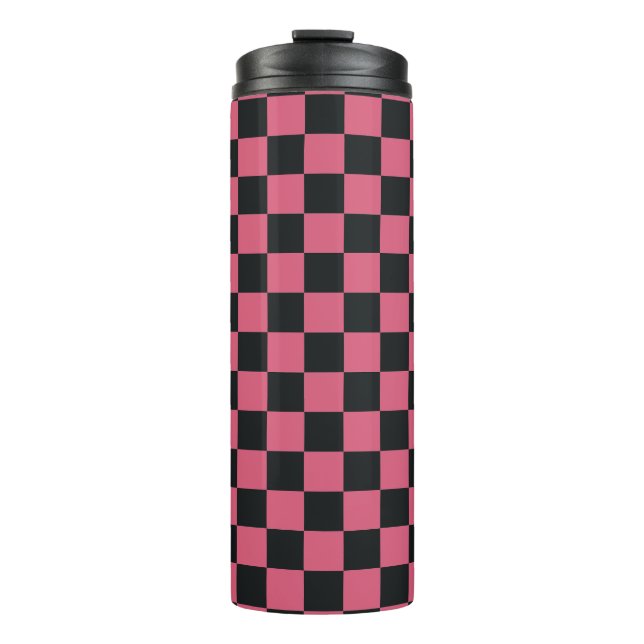 Pink and Black Patterns Chequerboard Check Chequer Thermal Tumbler (Front)