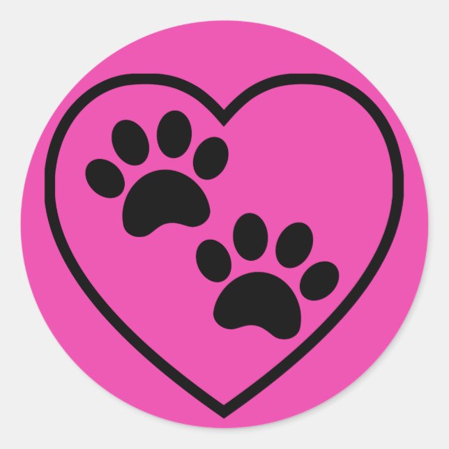 Pink and Black Paw Prints on Heart Classic Round Sticker (Front)