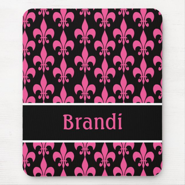 Pink and Black Personalised Fleur de Lis Mouse Pad (Front)