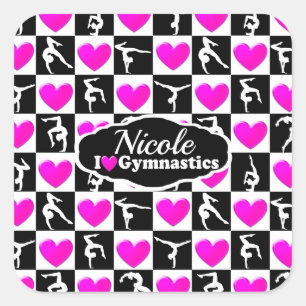 PINK AND BLACK PERSONALIZED GYMNAST DESIGN SQUARE STICKER