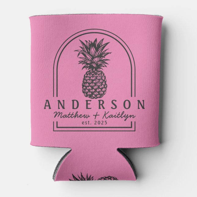 Pink and Black Pineapple Wedding Arch & Name Can Cooler (Front)