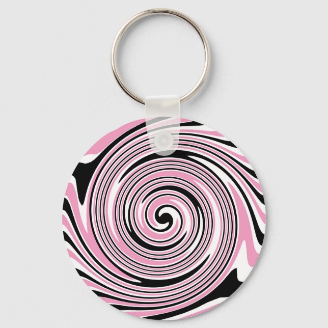 Pink and black pinwheel swirl design key ring (Front)