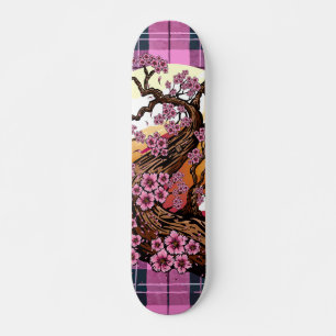 Pink and Black Plaid Cherry Blossom Japanese Skateboard