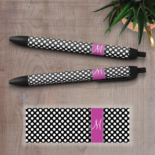 Pink and Black Polka Dot Pattern with Monogram Black Ink Pen