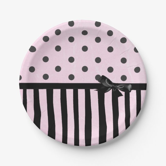 Pink and Black Polka Dot Striped Party Paper Plate (Front)