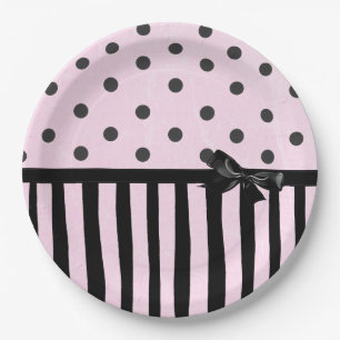 Pink and Black Polka Dot Striped Party Paper Plate