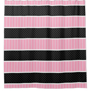 Pink and Black Polka Dot Stripes Pattern Shower Curtain