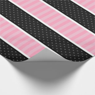 Pink and Black Polka Dot Stripes Pattern Wrapping Paper