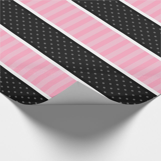 Pink and Black Polka Dot Stripes Pattern Wrapping Paper (Corner)