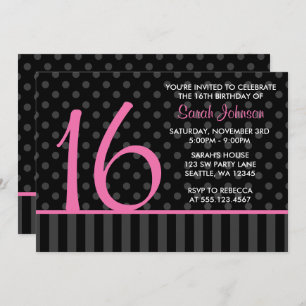 Pink and Black Polka Dot Stripes Sweet 16 Birthday Invitation