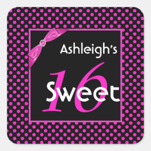 Pink and Black Polka Dot Sweet 16 Square Sticker