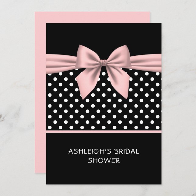 Pink and Black Polka Dot with Bow Bridal Shower In Invitation (Front/Back)