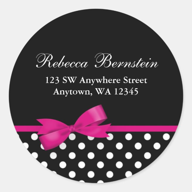 Pink and Black Polka Dots Bow Address Label (Front)