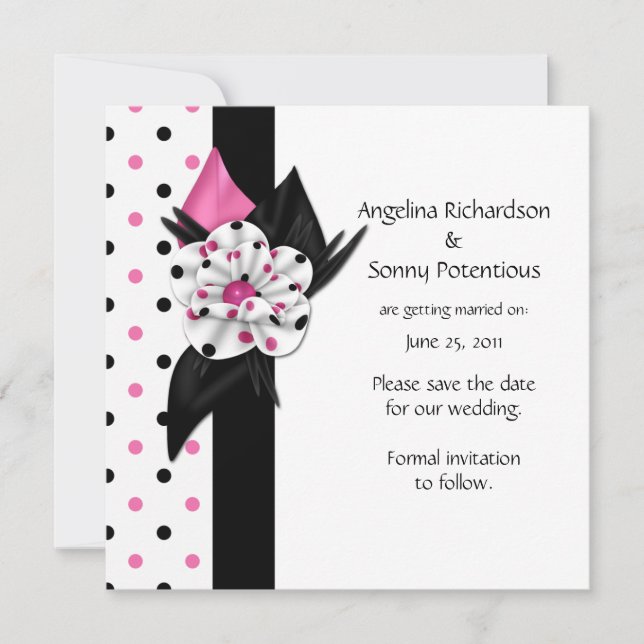 Pink and Black Polka Dots Save The Date Invitation (Front)