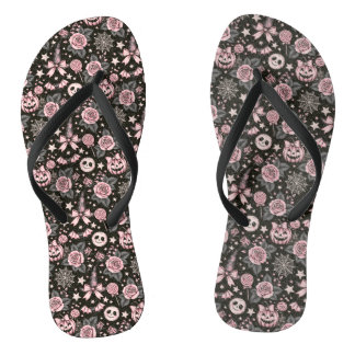 Pink and Black Pumpkin and Web Halloween Pattern Jandals