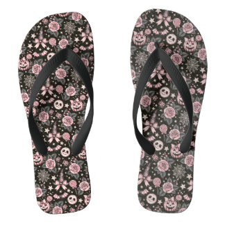 Pink and Black Pumpkin, Web and Rose Pattern Jandals