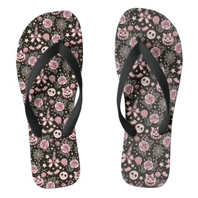 Pink and Black Pumpkin, Web and Rose Pattern Jandals (Footbed)