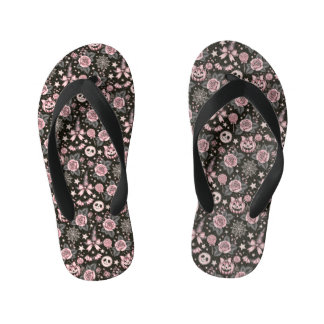 Pink and Black Pumpkin, Web and Rose Pattern Kid's Jandals