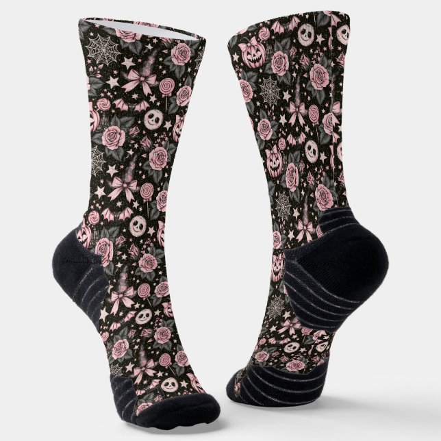 Pink and Black Pumpkin, Web and Rose Pattern Socks (Angled)