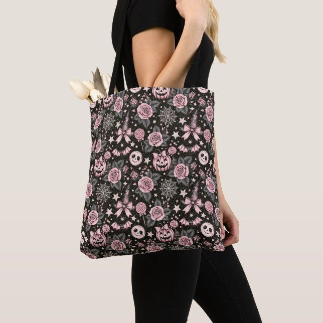 Pink and Black Pumpkin, Web and Rose Pattern Tote Bag (Close Up)